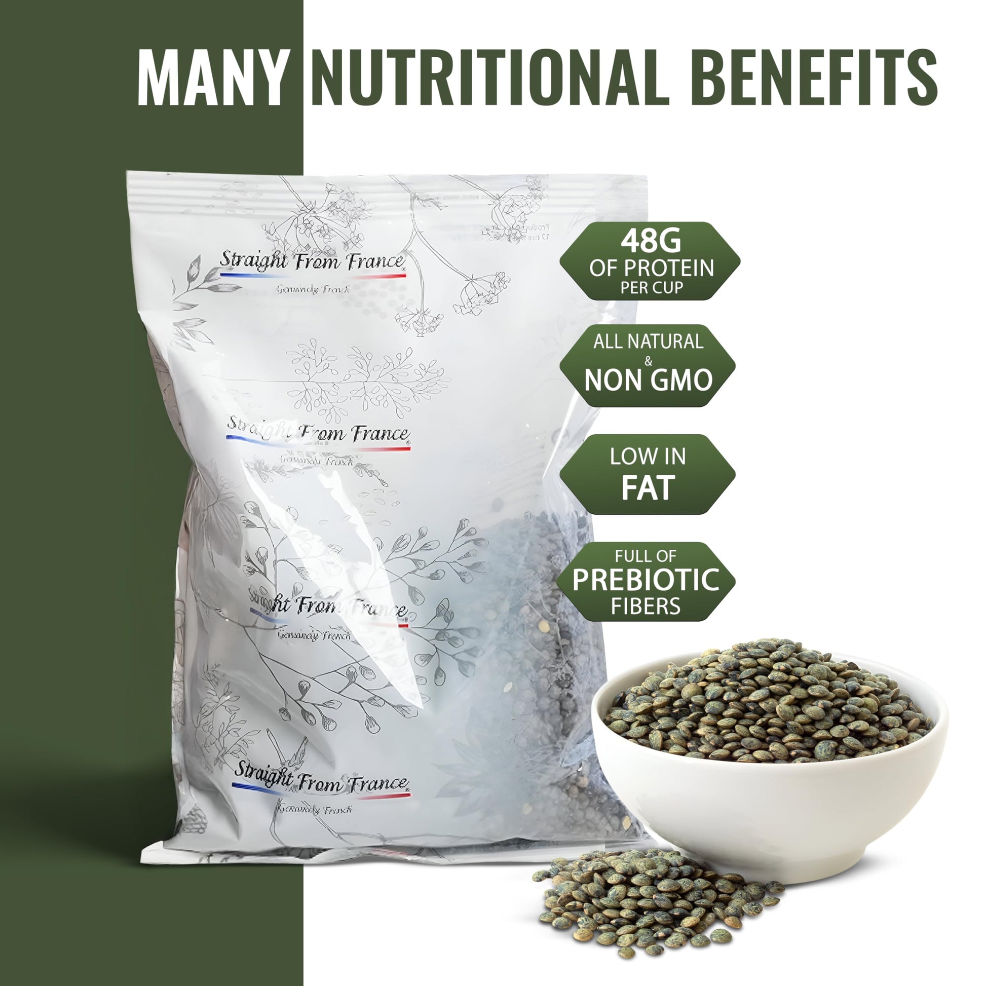 Straight from France Non GMO Certified French Green Lentils, All Natural Bulk Dry Lentils, Rich in Plant Based Protein and Dietary Fibers, Vegan and Vegetarian Friendly, 30 Oz - Straight from France