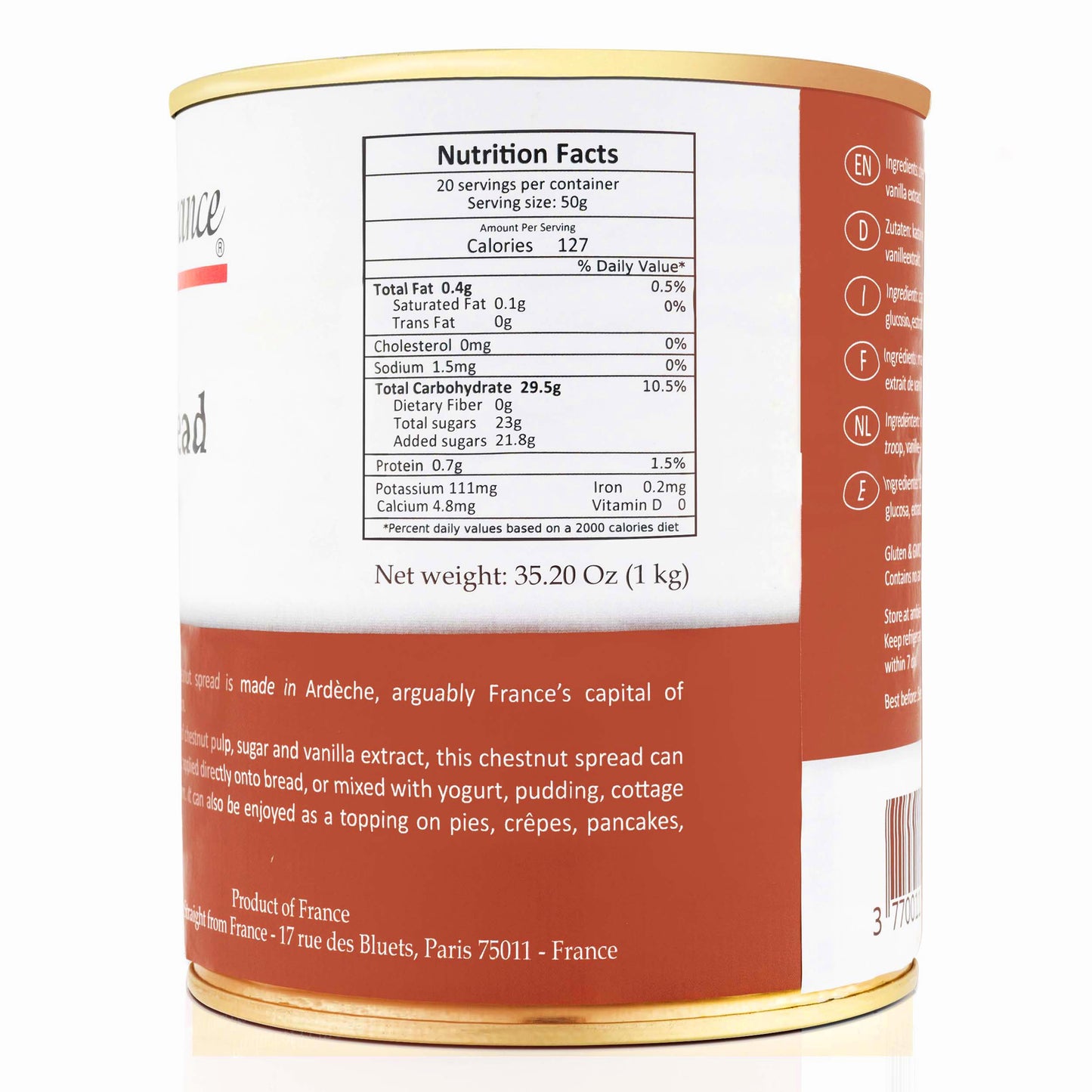 Straight from France Low Fat Gourmet Chestnut Spread with Vanilla 2.2 Lbs (Case of 6)