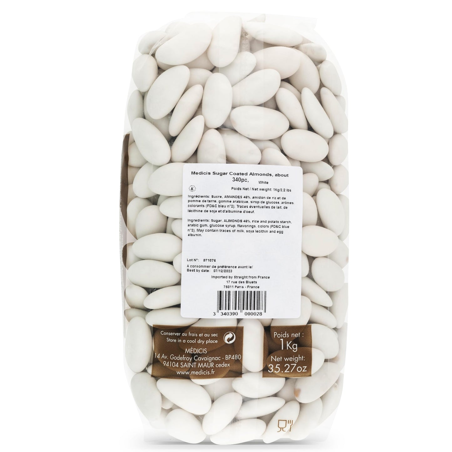 Medicis Premium Candied Almond Dragees Candies (French Jordan Almonds) 330 Ct bag 2.2lbs, White