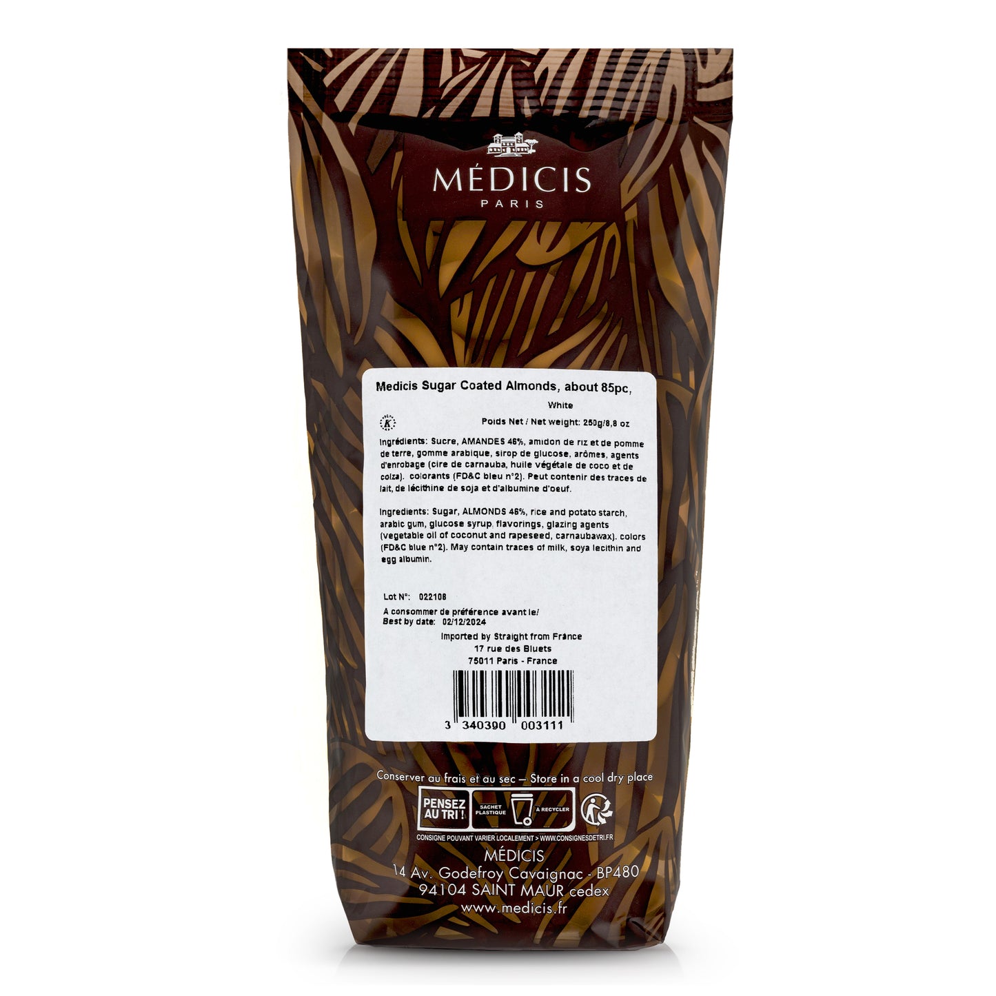 Medicis Premium Dragees, French Jordan Almonds, 75 Ct, 8.8 Oz, White (Case of 10)