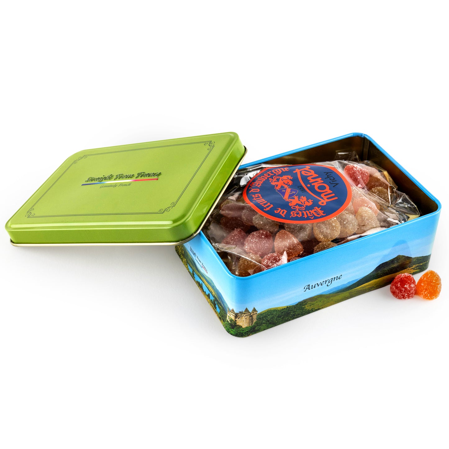 Straight From France Assorted Mini French Fruit Jellies, 5 Flavors in Auvergne Themed Candy Gift Tin 7 Oz (Case of 12)