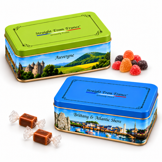 Straight from France Salted Butter Caramels & Fruit Gummies, French Gift Tins Bundle, 2 Tins