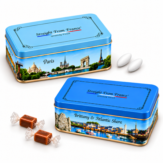 Straight from France Salted Butter Caramels & Jordan Almonds, French Gift Tins Bundle, 2 Tins