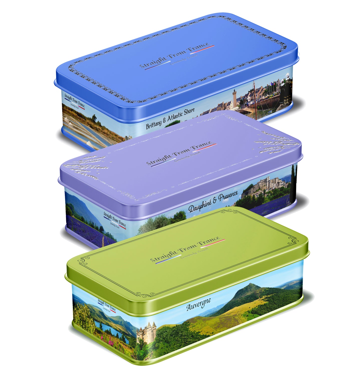 Straight from France Gourmet Cocoa Truffles, Fruit Gummies & Salted Butter Caramels, French Gift Tins Bundle, 3 Tins