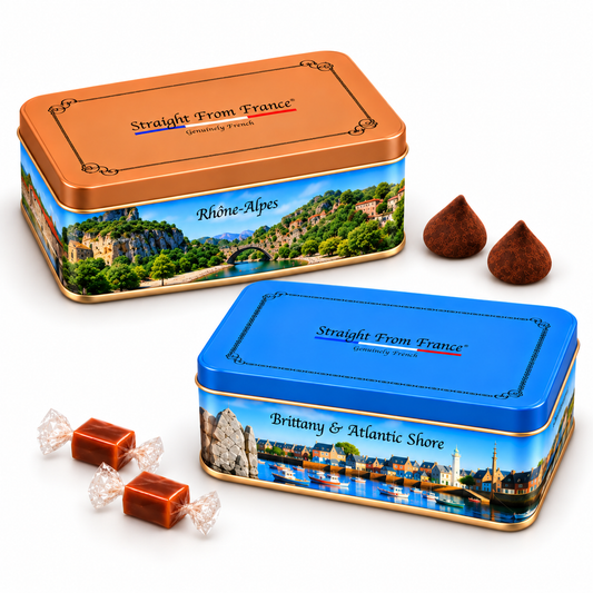 Straight from France Gourmet Cocoa Truffles & Salted Butter Caramels, French Gift Tins Bundle, 2 Tins