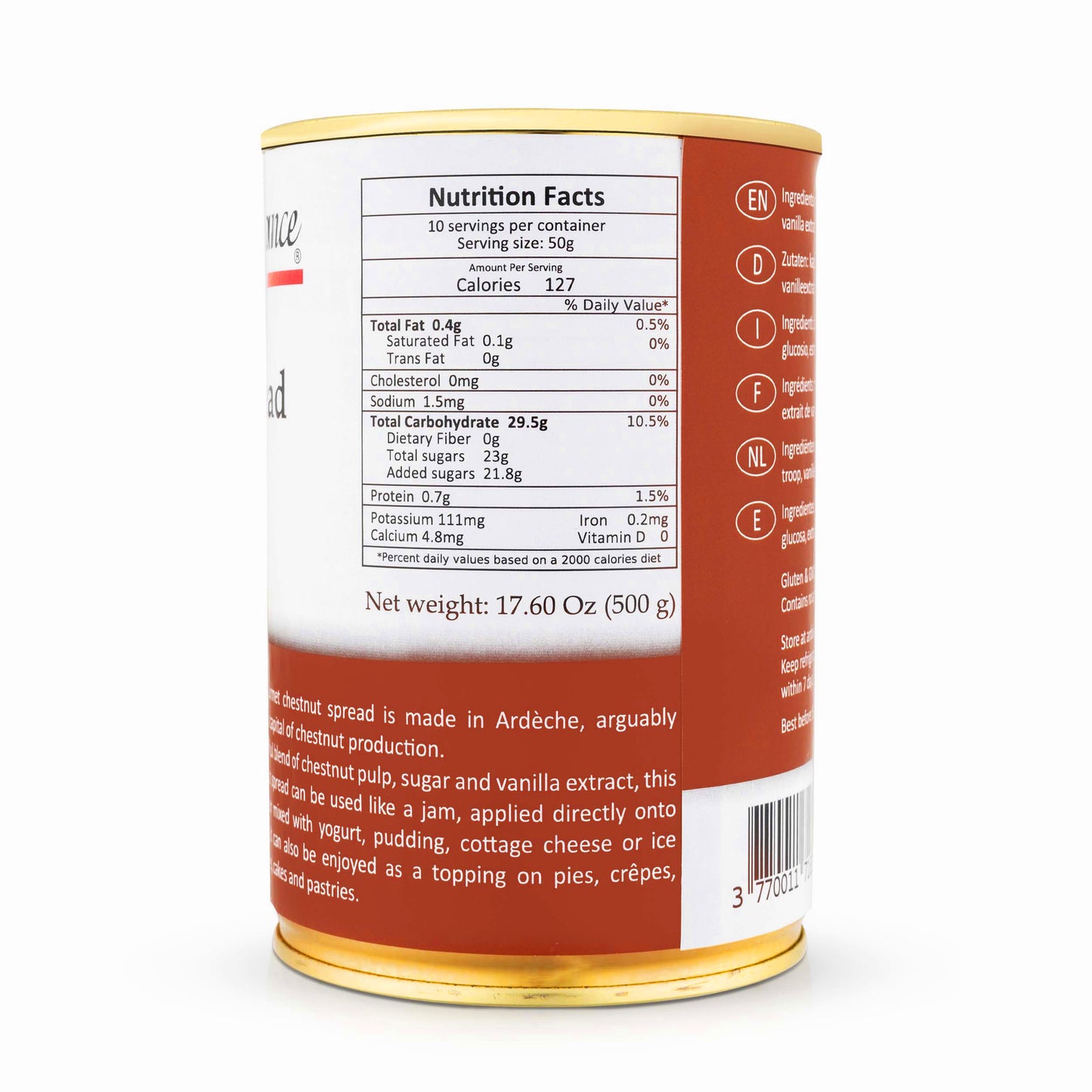 Straight from France Low Fat Gourmet Chestnut Spread with Vanilla 17.6 Oz (Case of 12)