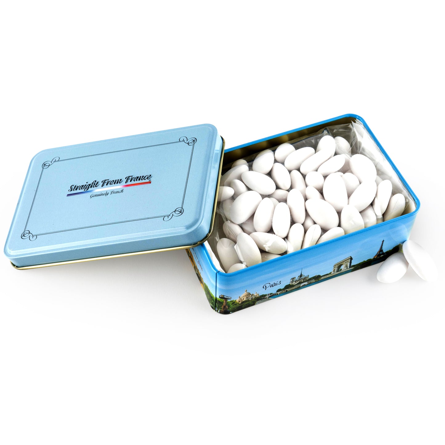 Straight from France Premium French Jordan Almonds in Paris Themed Candy Gift Tin, 90 Pc, White (Case of 10)