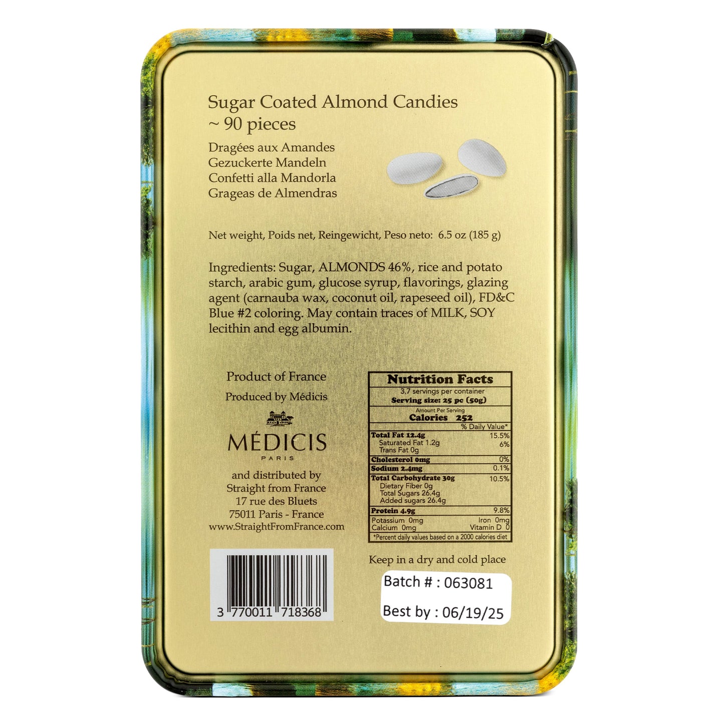 Straight from France Premium French Jordan Almonds in Paris Themed Candy Gift Tin, 90 Pc, White (Case of 10)