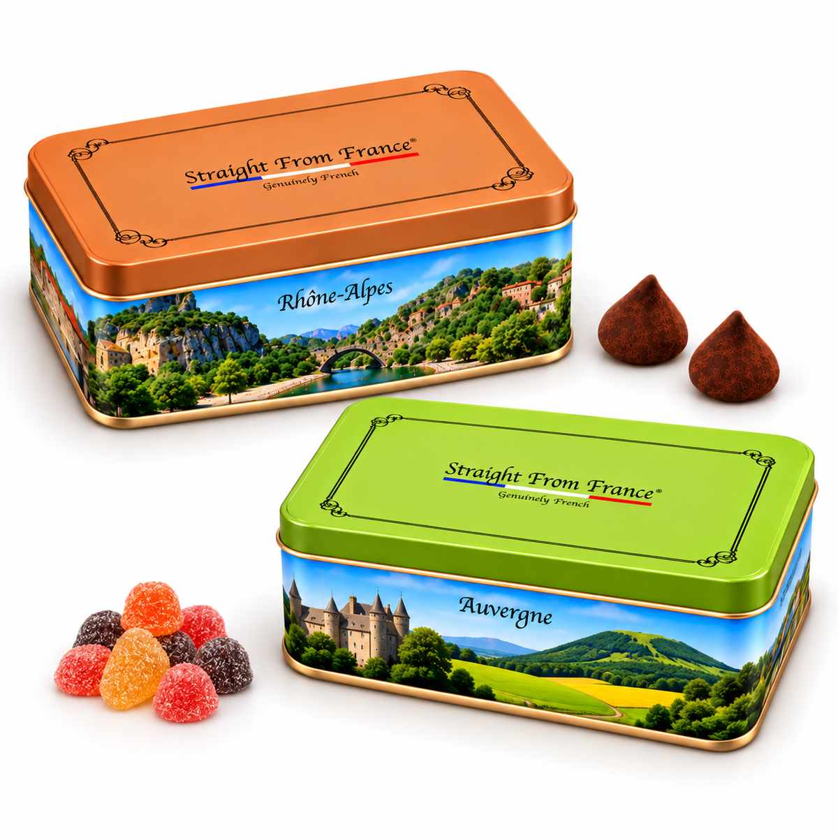 Straight from France Gourmet Cocoa Truffles & Fruit Gummies, French Gift Tins Bundle, 2 Tins