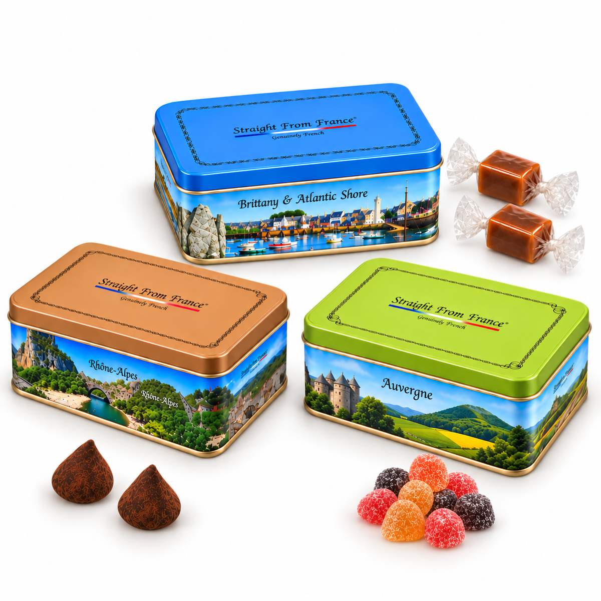 Straight from France Gourmet Cocoa Truffles, Fruit Gummies & Salted Butter Caramels, French Gift Tins Bundle, 3 Tins