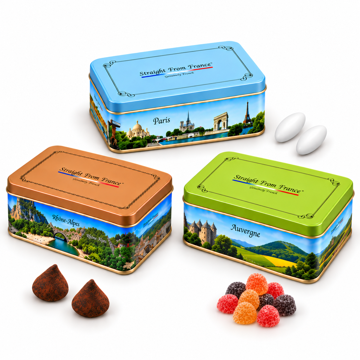 Straight from France Gourmet Cocoa Truffles, Jordan Almonds & Fruit Gummies, French Gift Tins Bundle, 3 Tins