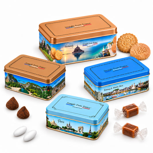 Straight from France Shortbread Cookies, Salted Butter Caramels, Jordan Almonds & Cocoa Truffles, French Gift Tins Bundle, 4 Tins