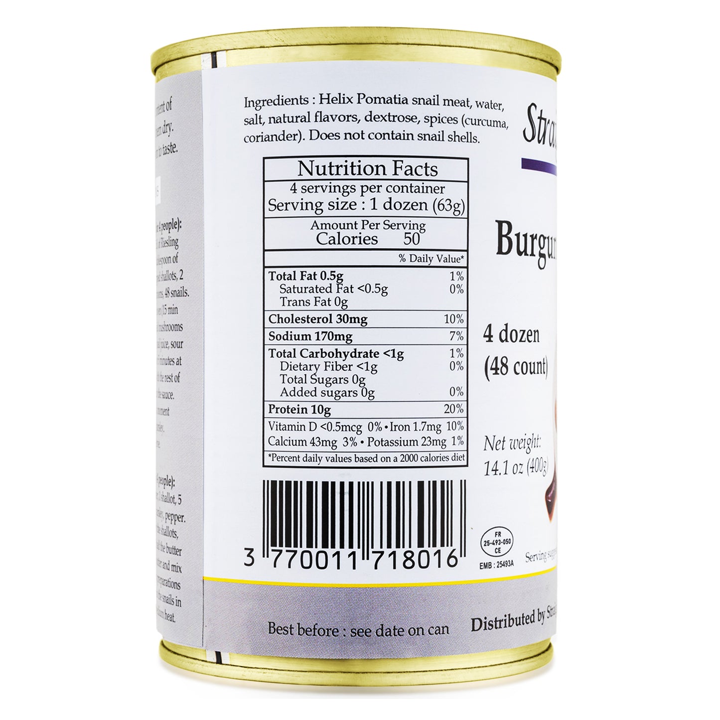 Straight from France French Helix Escargots, Canned Snails, 4 Dozen
