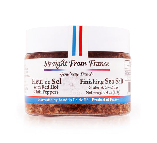Straight from France French Fleur De Sel Finishing Sea Salt with Red Peppers 4 Oz