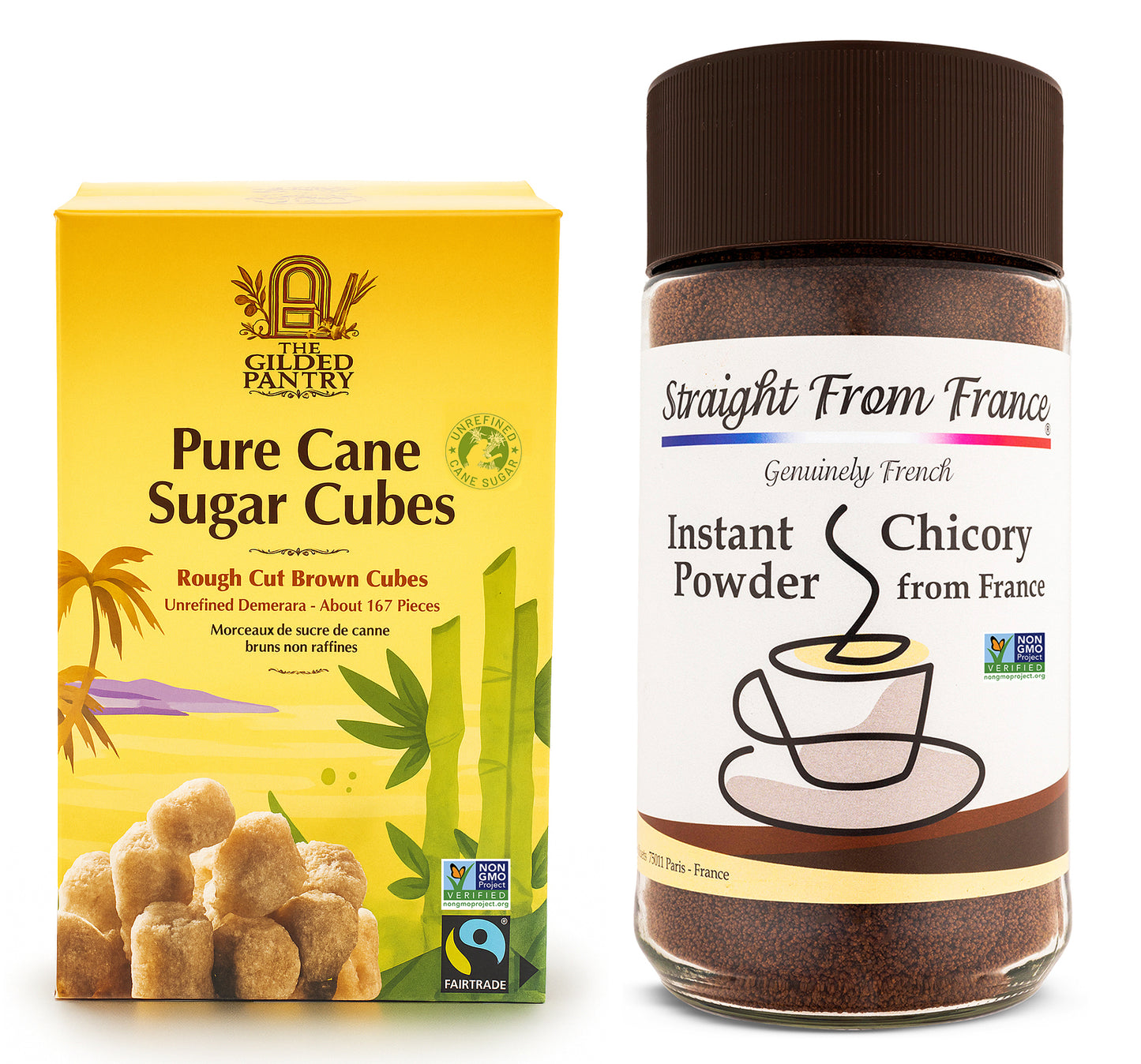 The Gilded Pantry Brown Cane Sugar Cubes, FairTrade & Non GMO Certified & Straight from France Non GMO Certified Instant Chicory Powder 7 Oz Bundle
